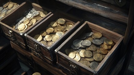 Treasure chests with gold, silver and bronze coins . Vector cartoon illustration of closed and open ancient wooden boxes with heap of golden money, isolated game icons, ui design