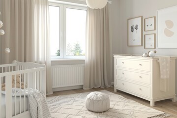 Cozy bohemian nursery interior design featuring a wooden crib, wicker lamps, pampas grass, and neutral tones, creating a peaceful atmosphere