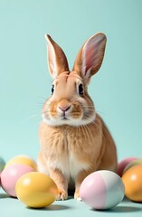 Easter bunny next to Easter eggs on pastel background with space for text. Easter card