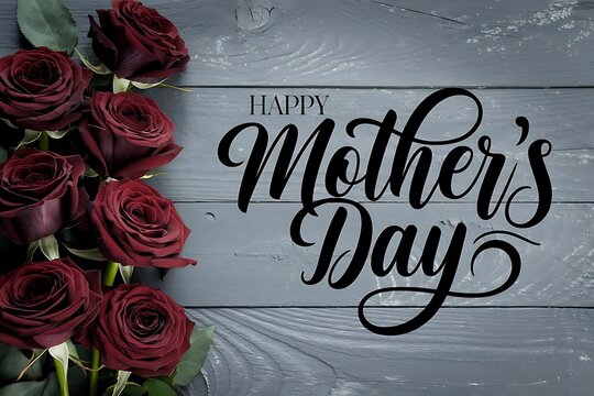 Happy Mother’s Day Greeting with Dark Red Roses on Rustic Wooden Background – Elegant Floral Flat Lay with Bold Script Typography for Mother’s Day Card, Poster, or Romantic Gift Design