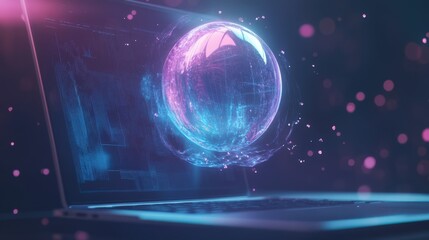 Obraz premium A laptop screen shows a glowing sphere with a splash of water
