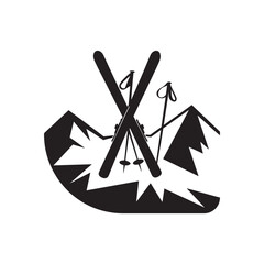 Crossed skis, ski poles, black and white icon winter sports equipment