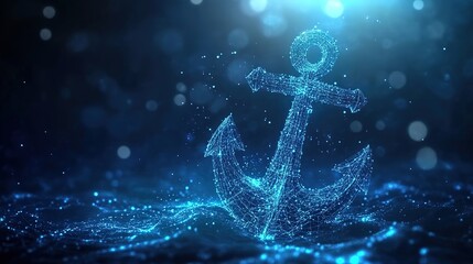 A digital blue hologram of an anchor, composed entirely from glowing data points and lines.