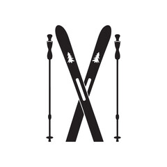 Crossed skis, ski poles, black and white icon winter sports equipment