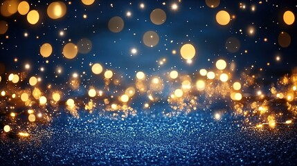 Obraz premium A dark blue background with golden lights and glitter, creating an enchanting atmosphere for the New Year's celebration.