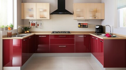 Fototapeta premium Modern Red Kitchen With Light Wood Cabinets