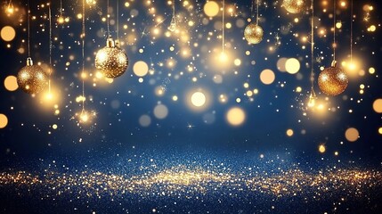 Obraz premium A dark blue background with golden lights and glitter, creating an enchanting atmosphere for the New Year's celebration.
