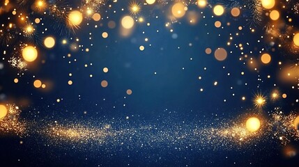 Obraz premium A dark blue background with golden lights and glitter, creating an enchanting atmosphere for the New Year's celebration.