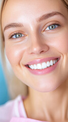 Obraz premium Close Up Portrait Of Smiling Young Woman With Blonde Hair And Bright Blue Eyes