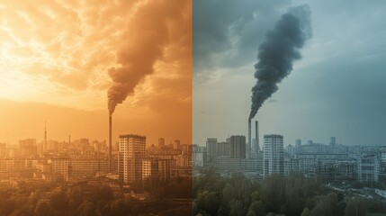 Obraz premium Two contrasting images of a city skyline with one showing a yellowish-orange sky
