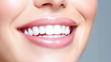 Close up of a woman's bright, healthy smile against a soft gray background. Her lips are glossy, and her skin has a subtle shimmer. The focus is sharp on her teeth and lips.