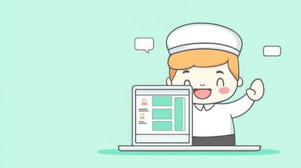 Kawaii business leader, presenting a slideshow on a laptop,