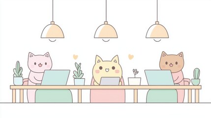 Kawaii coworking space, professionals sharing ideas on laptops,