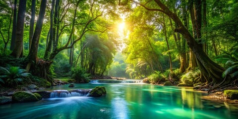 Fototapeta premium Lush Thai Rainforest River Landscape: Summer Green Jungle Scene