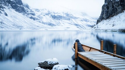 A serene winter landscape featuring a lone figure on a dock by a snowy lake surrounded by mountains