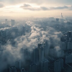 The city is covered in a thick layer of fog