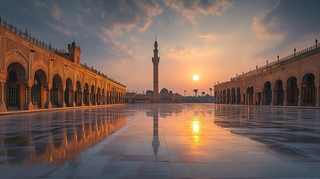 Sunrise reflection at grand mosque courtyard
