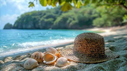 Seashells, hat, tropical beach, ocean view, summer vacation