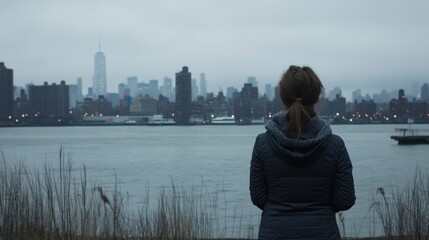 Woman Contemplating Cityscape, Hudson River View