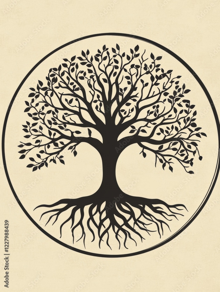 Poster symbolic representation of the tree of life showcasing intricate roots and branches in a circular de