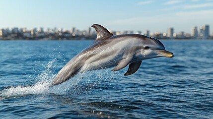 Fototapeta premium Urban Dolphin Leap; Coastal City Background