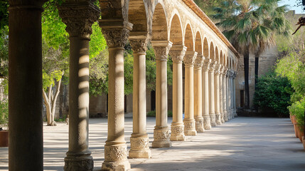 Fototapeta premium Long corridor with repeating stone columns and arches. Ideal for architectural photography, historic buildings, or design inspiration.