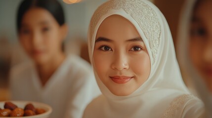 Ramadan Harmony Bokeh Portrait of Muslim Family in Traditional Attire Sharing Dates at Dusk for Spiritual Connection - Cultural Event Marketing and Family-Oriented Campaigns