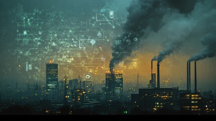 Obraz premium A city skyline with a lot of smoke in the air