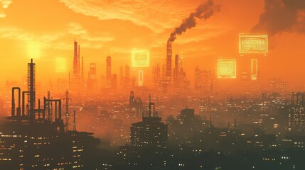 Fototapeta premium A cityscape with a lot of smoke and a few buildings lit up
