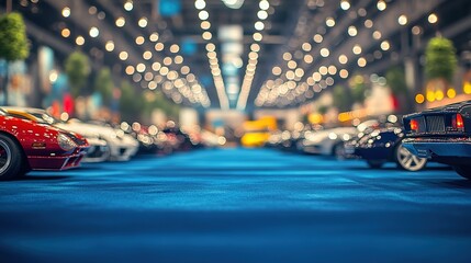 A wide shot of the car show floor with blue carpet, cars on display, and lights hanging from the ceiling. 
