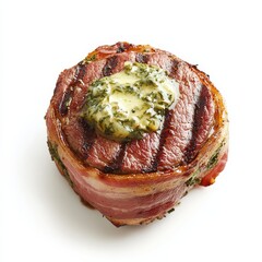 A juicy bacon-wrapped filet mignon with herb butter, isolated white background, realism art style