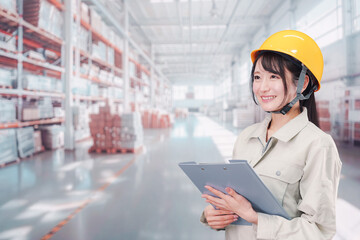 大きな物流倉庫で働くヘルメットを被った若い女性
