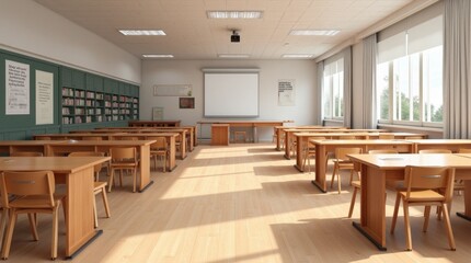 Serene Empty Classroom with Wooden Desks and Bookshelves