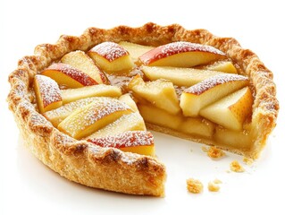 A golden apple tart, a slice removed, dusted with powdered sugar, symbolizing homemade goodness and sweet treats. Ideal for food blogs, baking websites, and recipe books.