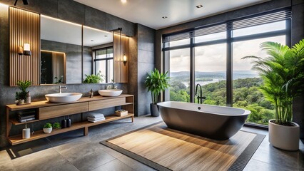 Luxurious Modern Bathroom: Double Vanity & Matte Black Freestanding Tub - Aerial View