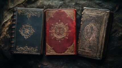 Fototapeta premium Ancient magic spell books set isolated on black background. Vector cartoon illustration of medieval volumes with old leather covers decorated with eyes, skull, hieroglyph, mysterious wizard literature
