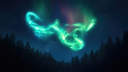 Ethereal Green Aurora Above Dark Forest Under Starry Night Sky