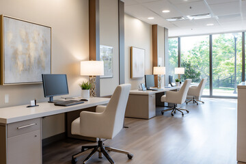 P A clean and well-organized office with indi