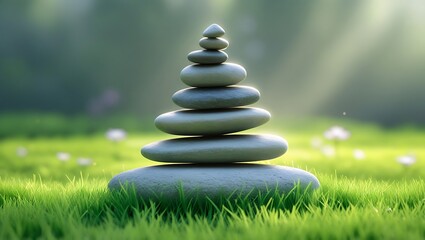 Balanced Stack of Stones on Grass Representing Balance, Harmony, Tranquility, and Spring Equinox


