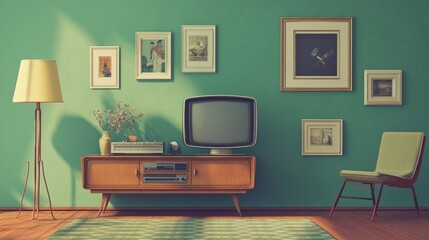 Parallax background for game with vintage living room interior. 2d cartoon apartment, retro lounge with tv, carpet, lamp and picture frames on green wall separated layers, Vector illustration