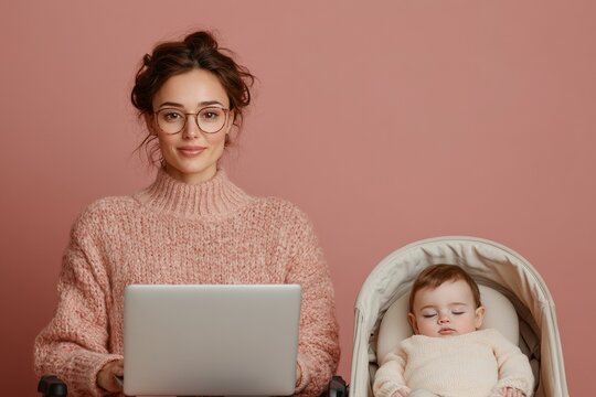 Contemporary Workspace Chic Modern Coworking with Stylish Mom and Baby for National Working Moms Day - Spring Innovation in Professional Parenting and Adaptability