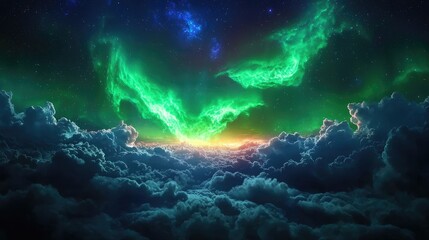Cosmic Display of Green Aurora Over Mystical Cloud Landscape
