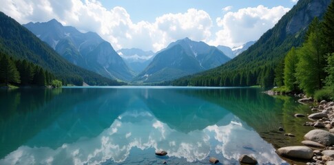 Serene Morskie Oko lake reflecting Tatra peaks, tranquil, wilderness