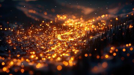 Sparkling Urban Landscape at Night with Warm Golden Lights and Trees