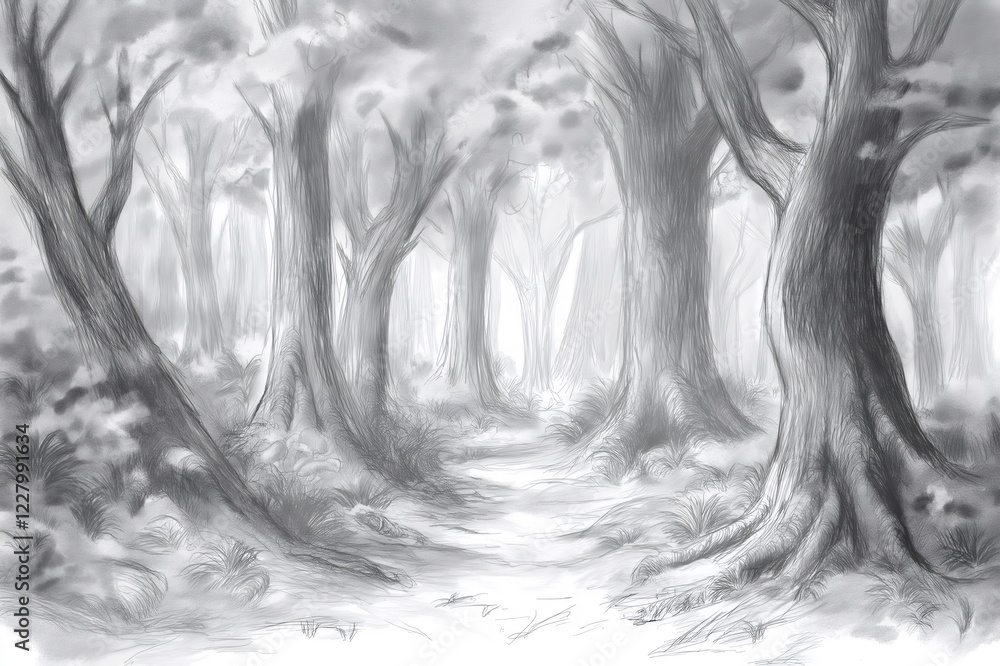 Poster hand drawn sketch representing a path winding through a dense, ancient forest, creating a serene and