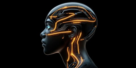 Futuristic humanoid head side view digital art sci-fi environment high-tech concept blue and yellow eyes