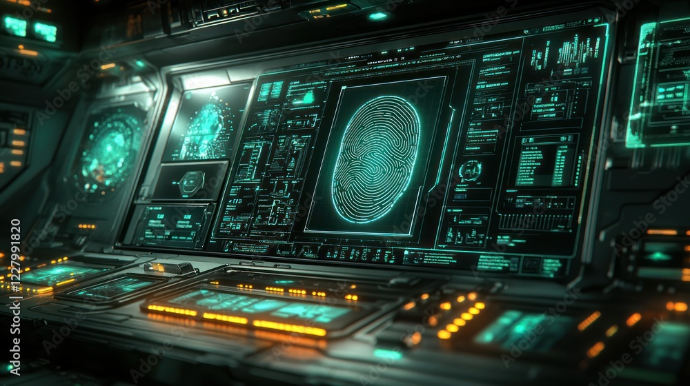 Poster spaceship control panel fingerprint scan, futuristic interface, digital security