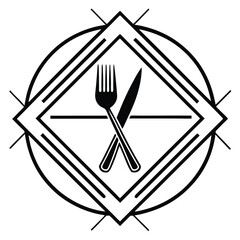 A creative and bold restaurant logo design, showcasing an abstract plate, fork, and knife in sleek geometric shapes to represent fine dining and hospitality.

