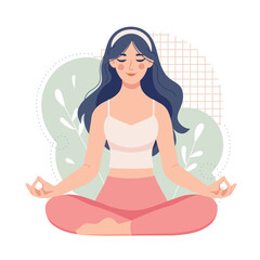 Young positive woman meditating, doing yoga. Self-care, self-love. Psychological therapy. Vector illustration in simple flat style.