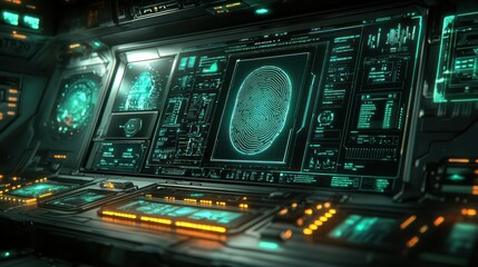 Fototapeta premium Spaceship control panel fingerprint scan, futuristic interface, digital security